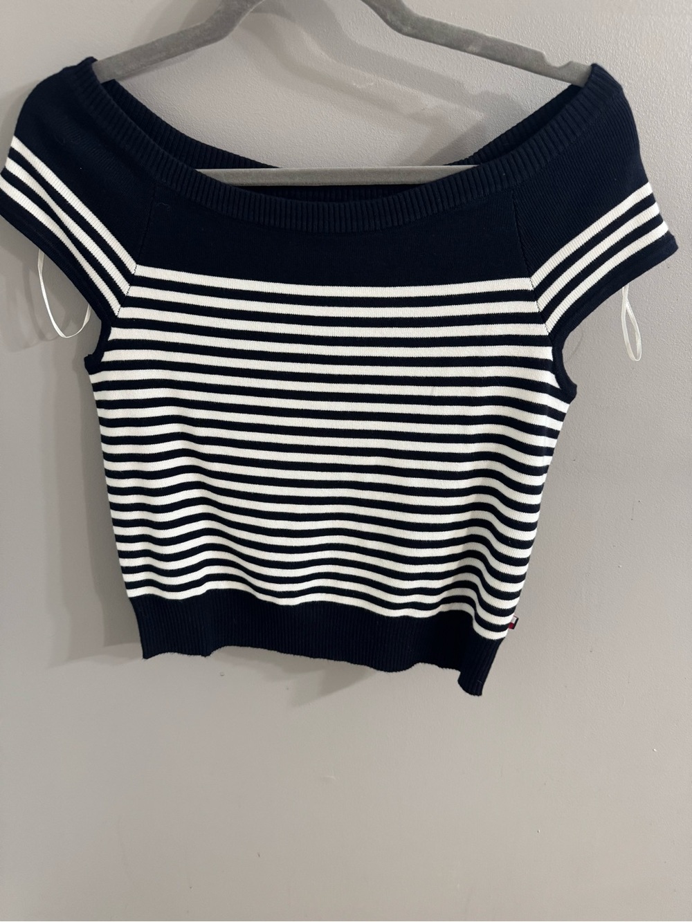 Tommy Hilfiger Navy and White Striped Boatneck Sweater